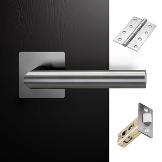 Image: Orlando Door Lever Handle Pack - 3 Square Hinges - Satin Stainless Steel