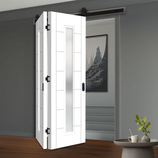 Image: SpaceEasi Top Mounted Black Folding Track & Double Door - Palermo Door - Obscure Glass - White Primed