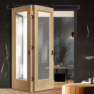 Image: SpaceEasi Top Mounted Black Folding Track & Double Door - Pattern 10 Oak 1 Pane Door - Clear Glass - Unfinished