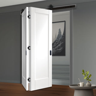 Image: SpaceEasi Top Mounted Black Folding Track & Double Door - Pattern 10 Oak 1 Panel Door - Prefinished