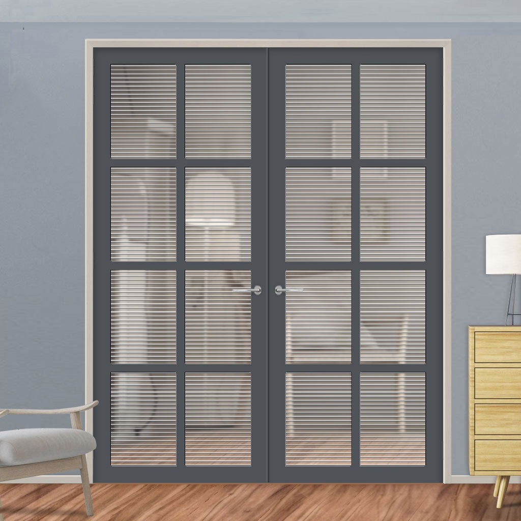 Perth 8 Pane Solid Wood Internal Door Pair UK Made DD6318 - Clear Reeded Glass - Eco-Urban® Stormy Grey Premium Primed