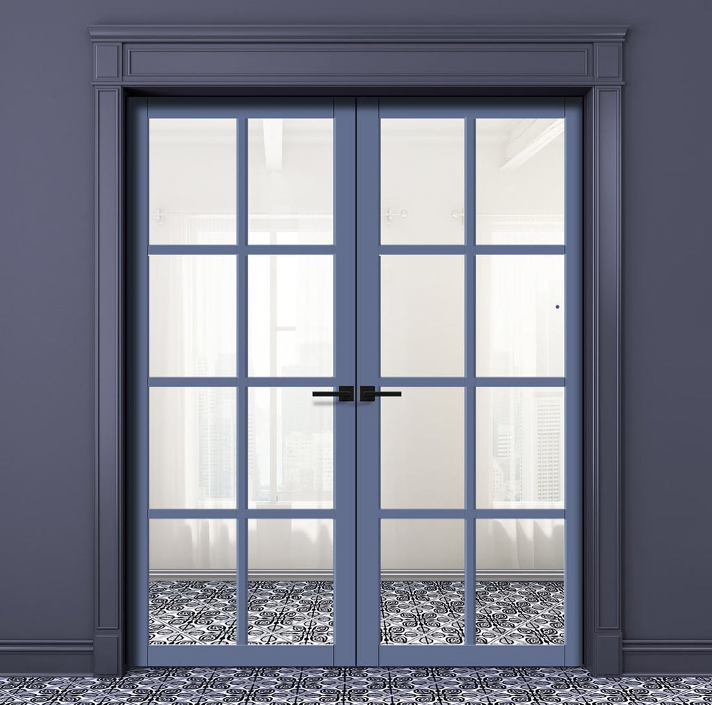 Perth 8 Pane Solid Wood Internal Door Pair UK Made DD6318G - Clear Glass - Eco-Urban® Heather Blue Premium Primed