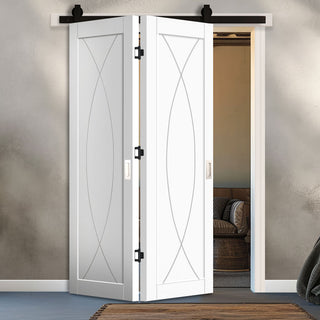 Image: SpaceEasi Top Mounted Black Folding Track & Double Door - Pesaro Flush Door - White Primed