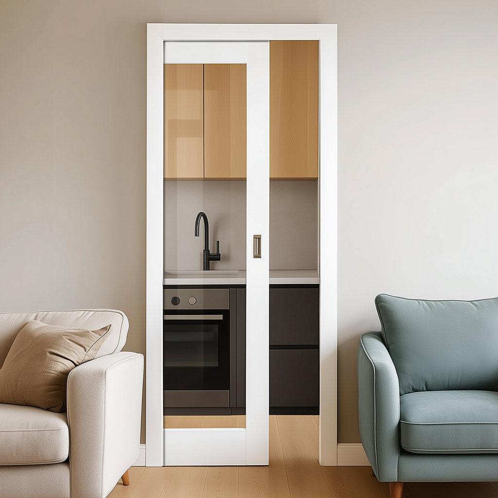 Pattern 10 Style Panel Single Evokit Pocket Door - Clear Glass - White Primed