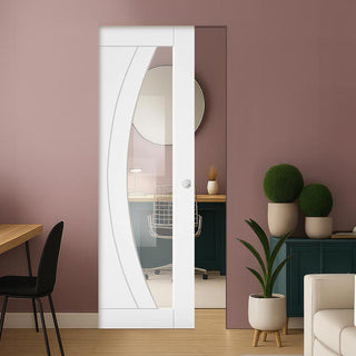 Image: Ravello White Single Absolute Evokit Pocket Door - Prefinished - Clear Glass