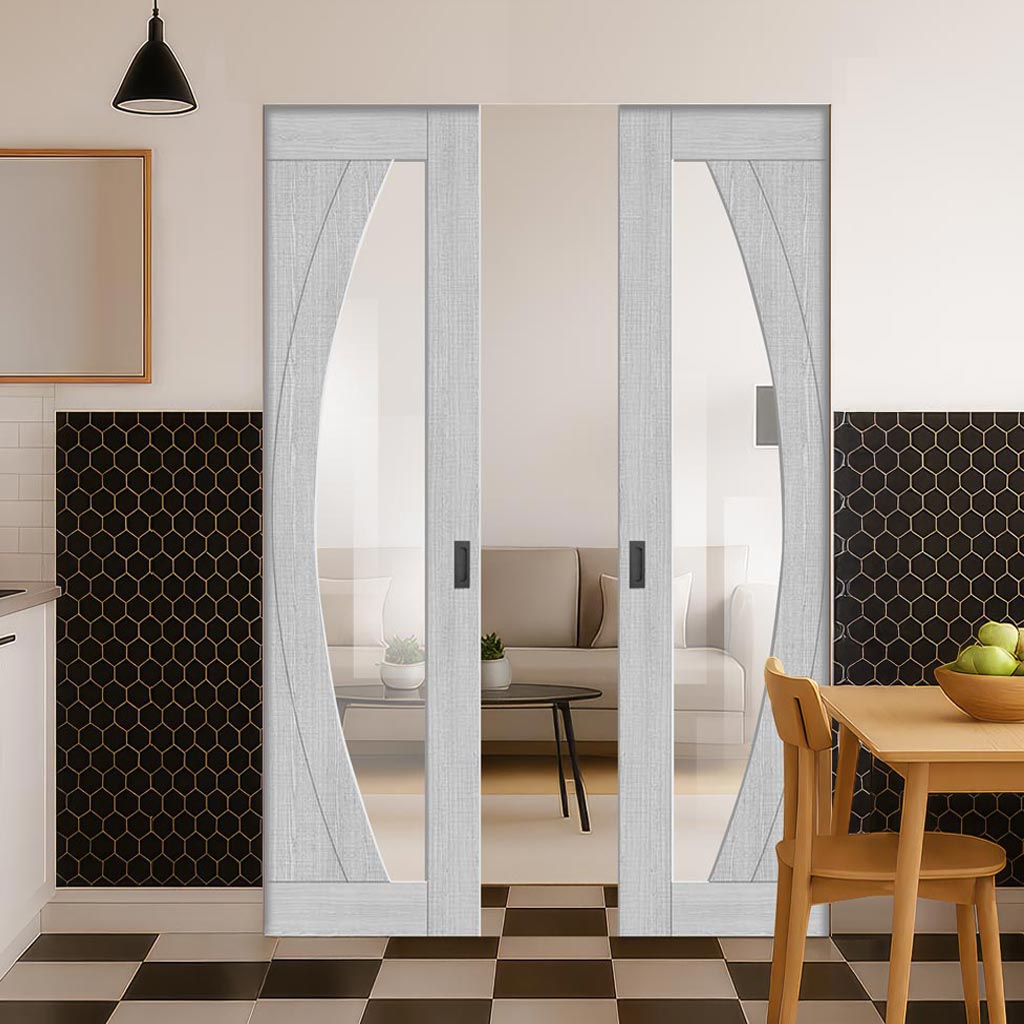 Ravello Double Absolute Evokit Pocket Doors - Light Grey Ash - Prefinished - Clear Glass