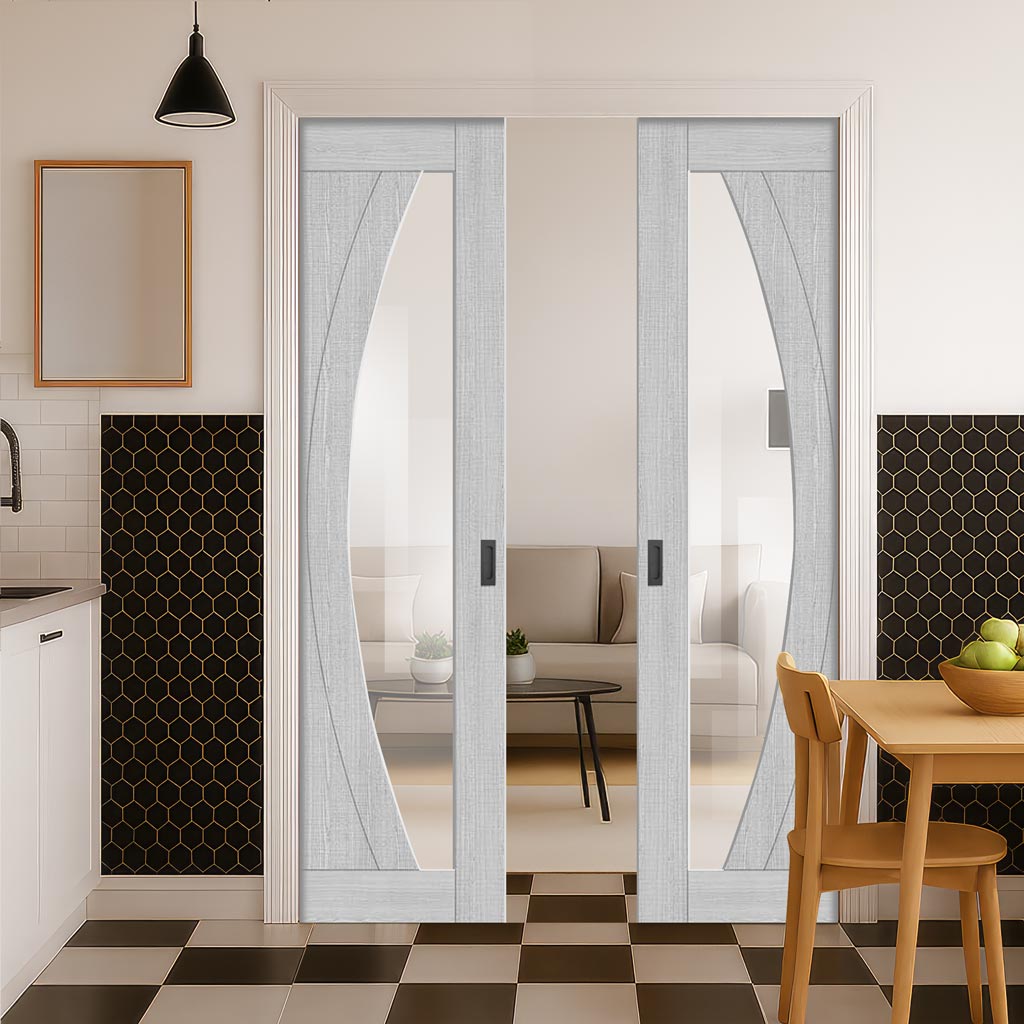 Ravello Double Evokit Pocket Doors - Light Grey Ash - Prefinished - Clear Glass