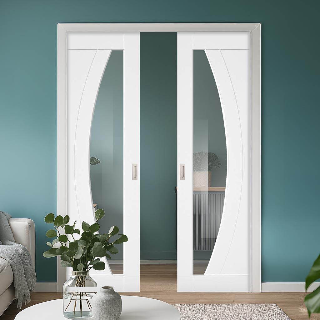 Ravello White Double Evokit Pocket Doors - Prefinished - Clear Glass