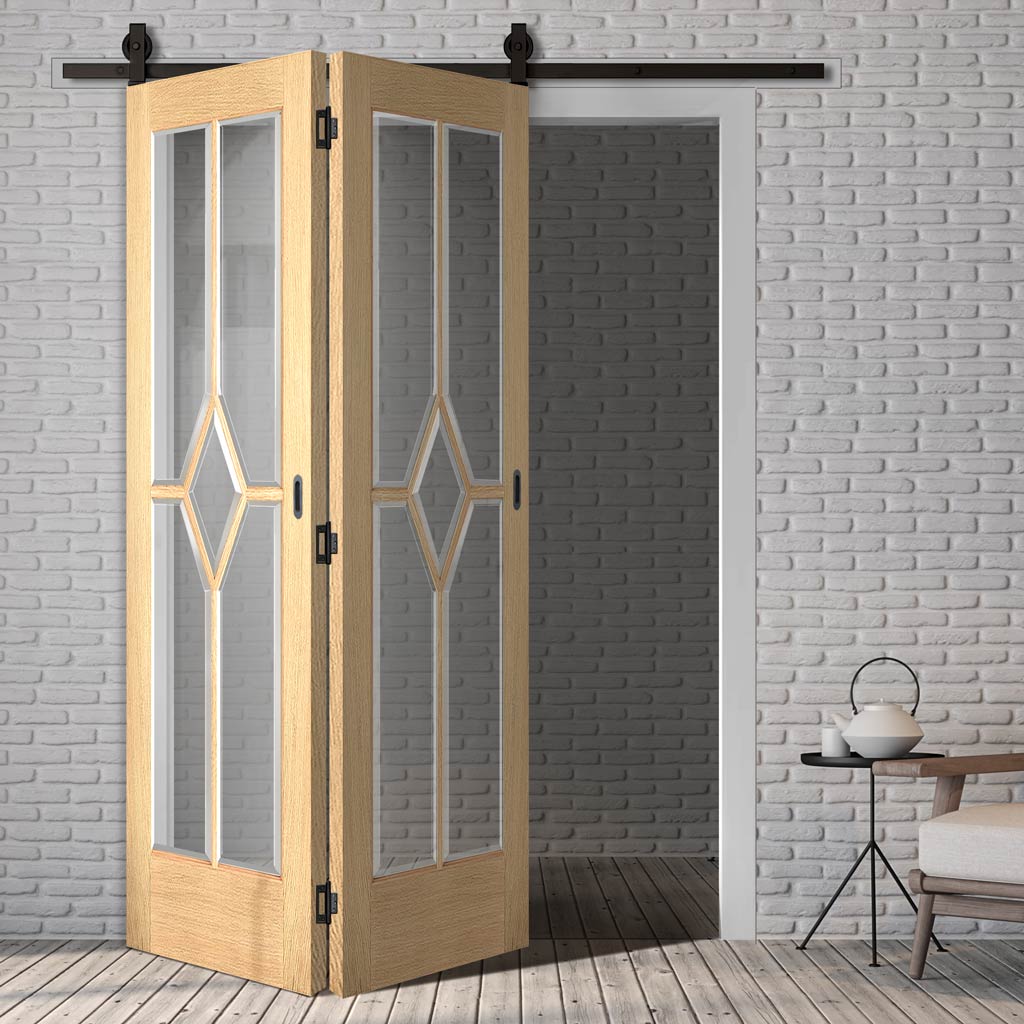 Sliding Top Mounted Black Folding Track & Double Door - Reims Diamond 5 Panel Oak Door- Clear Bevelled Glass - Prefinished