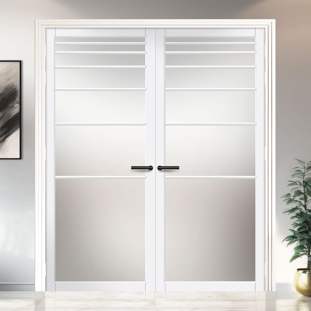 Revella Solid Wood Internal Door Pair UK Made DD0111F Frosted Glass - Cloud White Premium Primed - Urban Lite® Bespoke Sizes