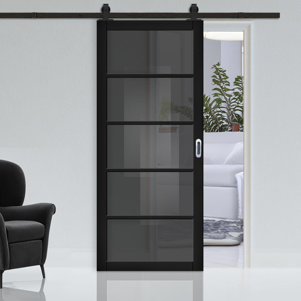 Top Mounted Sliding Track & Door - Shoreditch Black Door - Prefinished - Tinted Glass - Urban Collection