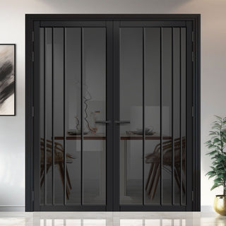 Image: Simona Solid Wood Internal Door Pair UK Made DD0105T Tinted Glass - Shadow Black Premium Primed - Urban Lite® Bespoke Sizes