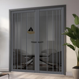 Image: Simona Solid Wood Internal Door Pair UK Made DD0105T Tinted Glass - Stormy Grey Premium Primed - Urban Lite® Bespoke Sizes