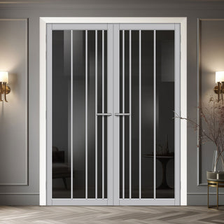 Image: Simona Solid Wood Internal Door Pair UK Made DD0105T Tinted Glass - Mist Grey Premium Primed - Urban Lite® Bespoke Sizes