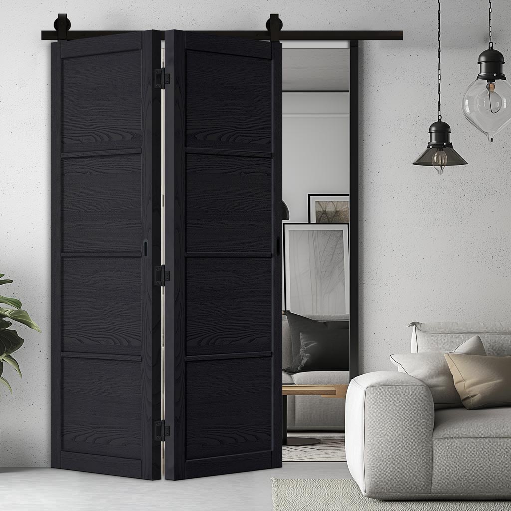 Sliding Top Mounted Black Folding Track & Double Door - Soho 4 Panel Charcoal Door - Prefinished