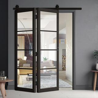 Image: Sliding Top Mounted Black Folding Track & Double Door - Soho 4 Pane Black Primed Door - Clear Glass