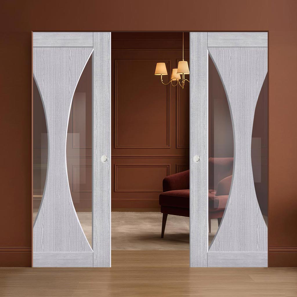 Sorrento Double Absolute Evokit Pocket Door - Light Grey Ash - Prefinished - Clear Glass