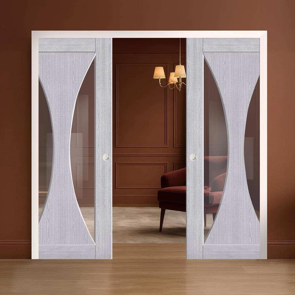 Sorrento Double Evokit Pocket Doors - Light Grey Ash - Prefinished - Clear Glass