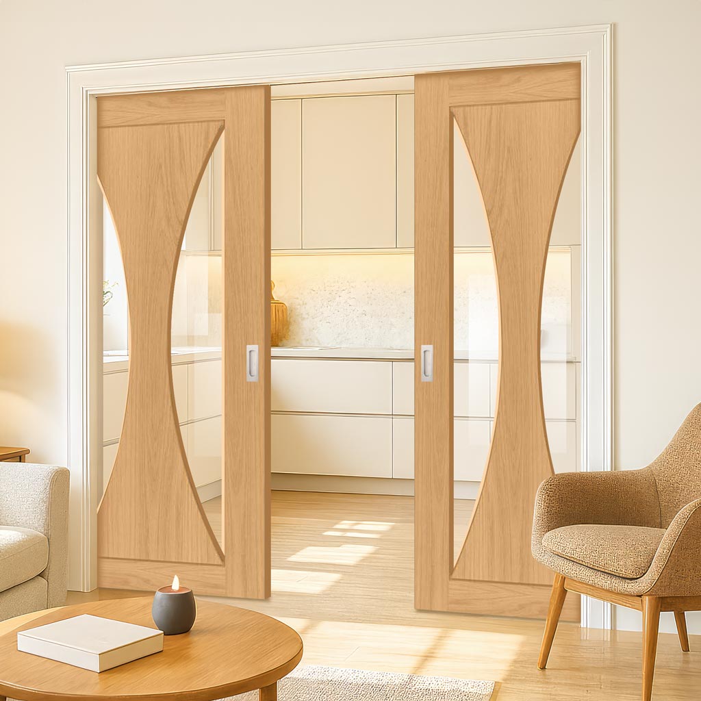 Sorrento Oak Double Evokit Pocket Doors - Prefinished - Clear Glass