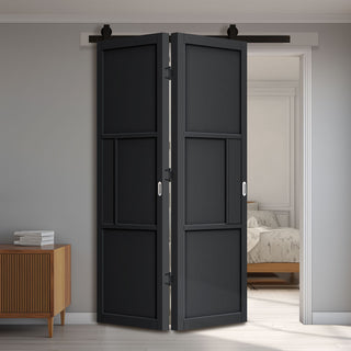 Image: Sliding Top Mounted Black Folding Track & Double Door - Cosmo Black Industrial Panel Door - Laminated - Prefinished