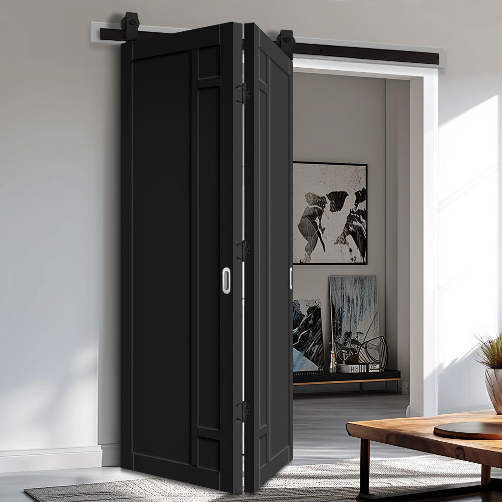 Sliding Top Mounted Black Folding Track & Double Door - Eco-Urban® Suburban 4 Panel Solid Wood Door DD6411 - Premium Primed Colour Options