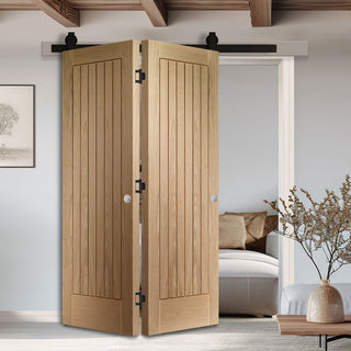 Image: SpaceEasi Top Mounted Black Folding Track & Double Door - Suffolk Essential Oak Door - Unfinished