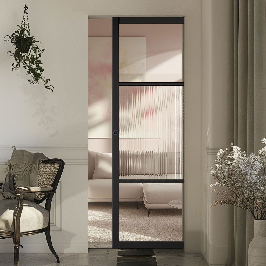 Sutton Black Single Absolute Evokit Pocket Door - With Clear & Reeded Glass - Prefinished
