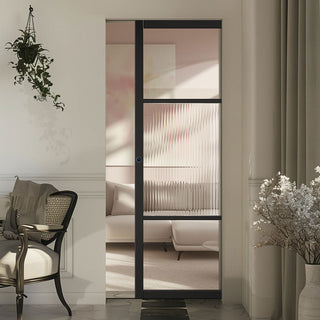 Image: Sutton Black Single Absolute Evokit Pocket Door - With Clear & Reeded Glass - Prefinished