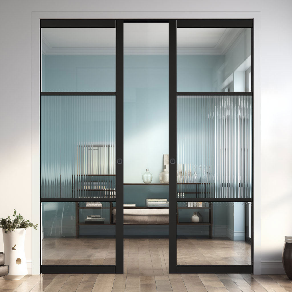 Sutton Black Double Evokit Pocket Doors - With Clear & Reeded Glass - Prefinished