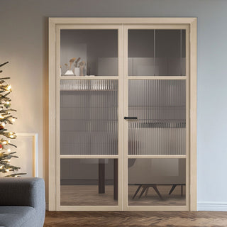 Image: Sutton Blonde Oak Internal Door Pair - With Clear & Reeded Glass - Prefinished