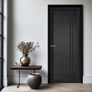 Image: Milano Solid Wood Internal Door UK Made  DD0101T Tinted Glass - Shadow Black Premium Primed - Urban Lite® Bespoke Sizes