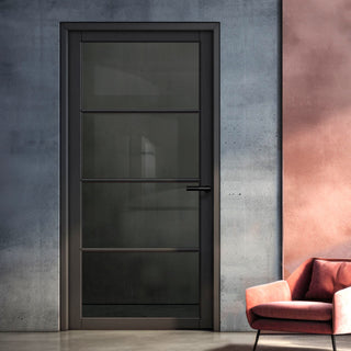 Image: Firena Solid Wood Internal Door UK Made  DD0114T Tinted Glass - Shadow Black Premium Primed - Urban Lite® Bespoke Sizes