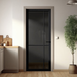 Image: Lerens Solid Wood Internal Door UK Made  DD0117T Tinted Glass - Shadow Black Premium Primed - Urban Lite® Bespoke Sizes