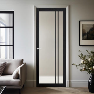Image: Milano Solid Wood Internal Door UK Made  DD0101F Frosted Glass - Shadow Black Premium Primed - Urban Lite® Bespoke Sizes