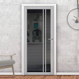 Image: Milano Solid Wood Internal Door UK Made  DD0101T Tinted Glass - Mist Grey Premium Primed - Urban Lite® Bespoke Sizes