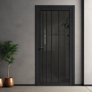 Image: Simona Solid Wood Internal Door UK Made  DD0105T Tinted Glass - Shadow Black Premium Primed - Urban Lite® Bespoke Sizes