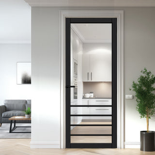 Image: Hirahna Solid Wood Internal Door UK Made  DD0109C Clear Glass - Shadow Black Premium Primed - Urban Lite® Bespoke Sizes