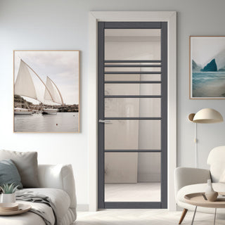 Image: Amoo Solid Wood Internal Door UK Made  DD0112C Clear Glass - Stormy Grey Premium Primed - Urban Lite® Bespoke Sizes