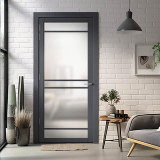 Image: Ebida Solid Wood Internal Door UK Made  DD0113F Frosted Glass - Stormy Grey Premium Primed - Urban Lite® Bespoke Sizes