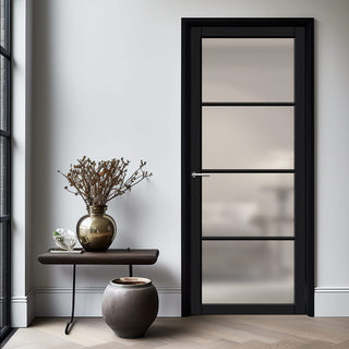 Image: Firena Solid Wood Internal Door UK Made  DD0114F Frosted Glass - Shadow Black Premium Primed - Urban Lite® Bespoke Sizes
