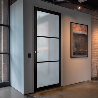Image: Iretta Solid Wood Internal Door UK Made  DD0115F Frosted Glass - Shadow Black Premium Primed - Urban Lite® Bespoke Sizes