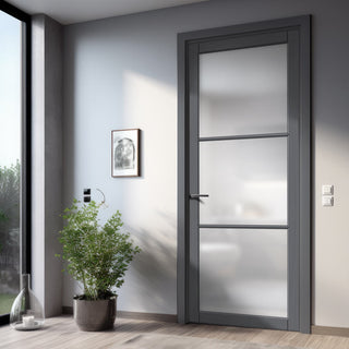 Image: Iretta Solid Wood Internal Door UK Made  DD0115F Frosted Glass - Stormy Grey Premium Primed - Urban Lite® Bespoke Sizes