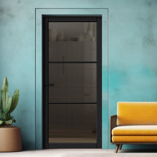 Image: Iretta Solid Wood Internal Door UK Made  DD0115T Tinted Glass - Shadow Black Premium Primed - Urban Lite® Bespoke Sizes