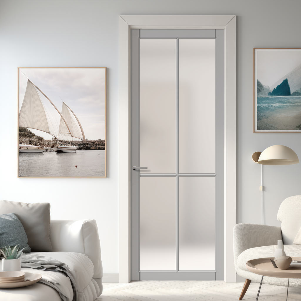 Kora Solid Wood Internal Door UK Made  DD0116F Frosted Glass - Mist Grey Premium Primed - Urban Lite® Bespoke Sizes