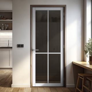 Image: Kora Solid Wood Internal Door UK Made  DD0116T Tinted Glass - Cloud White Premium Primed - Urban Lite® Bespoke Sizes