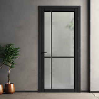 Image: Lerens Solid Wood Internal Door UK Made  DD0117F Frosted Glass - Shadow Black Premium Primed - Urban Lite® Bespoke Sizes