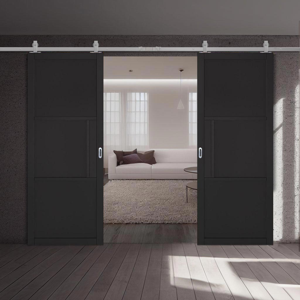 Top Mounted Stainless Steel Sliding Track & Double Door - Tribeca 3 Panel Black Painted Doors - Prefinished