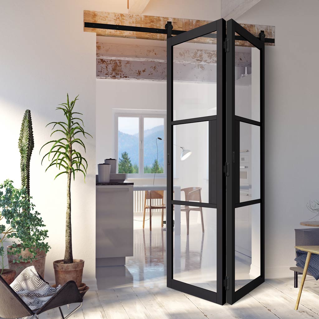 Sliding Top Mounted Black Folding Track & Double Door - Tribeca 3 Pane Black Primed Door - Clear Glass