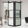 Sliding Top Mounted Black Folding Track & Double Door - Tribeca 3 Pane Black Primed Door - Reeded Glass