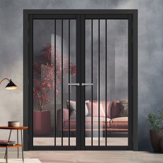 Image: Tula Solid Wood Internal Door Pair UK Made DD0104C Clear Glass - Shadow Black Premium Primed - Urban Lite® Bespoke Sizes